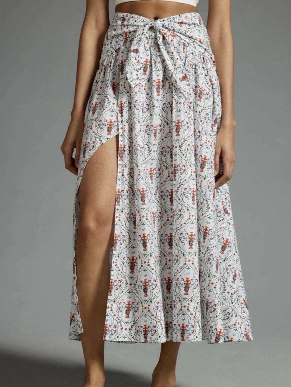 Anthropologie Poplin Tie-Front Side-Slit Skirt Oyster White Vase Pottery Size S